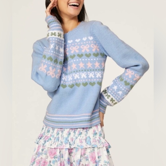 LoveShackFancy Zaheer Pullover Sweater Size M Knit Crew Neck Preppy Blue Skies - Picture 1 of 14